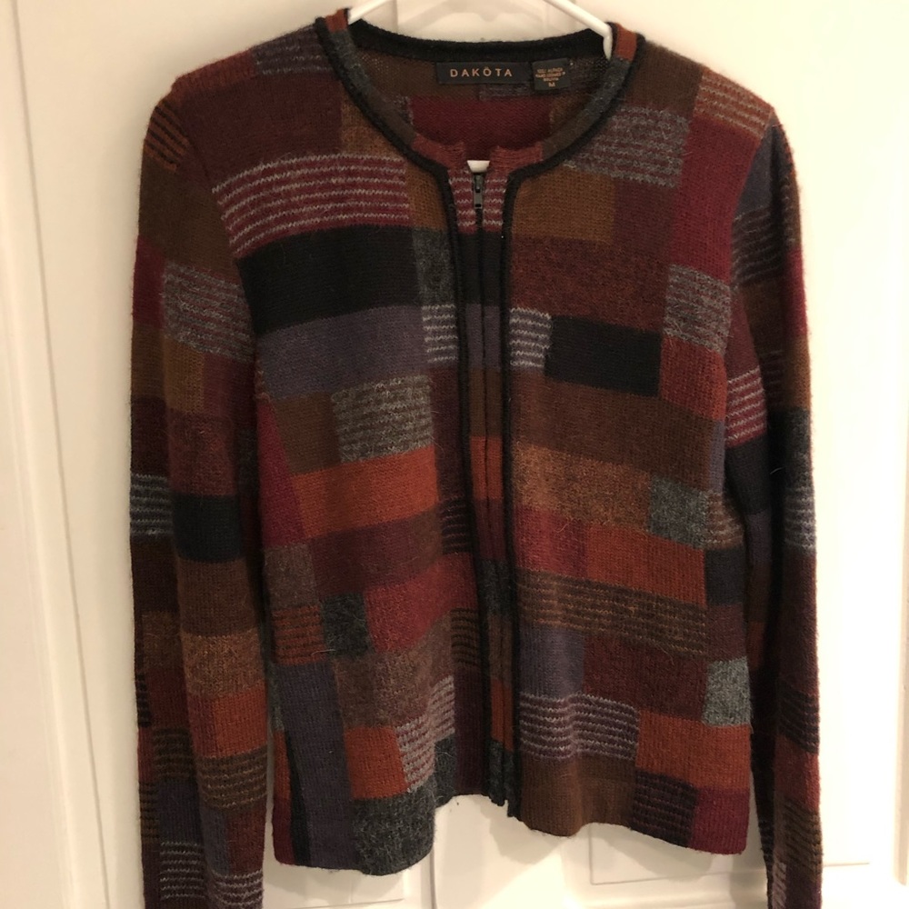 100% Alpaca Cardigan Hand Loomed Medium Geometric Design in Earth Tones Zipper